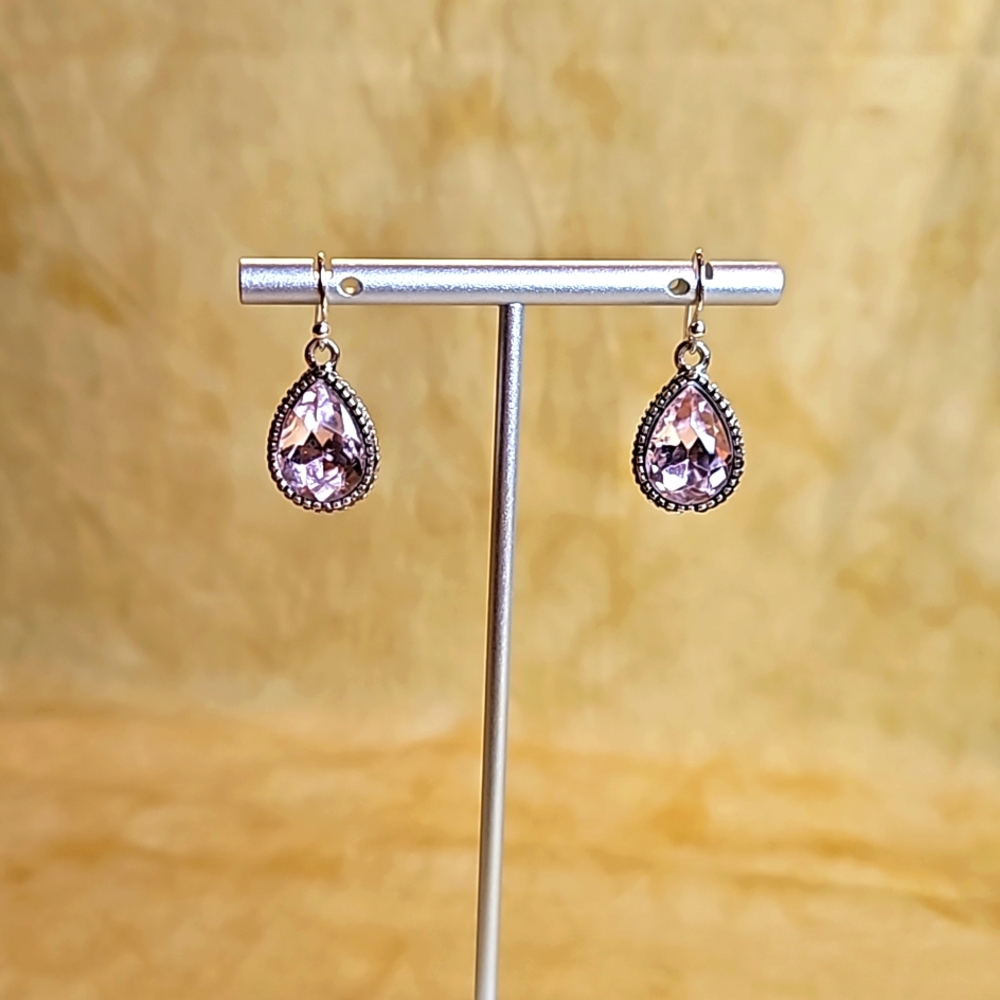 Y2K Silver Plated Pink Crystal Gemstone Teardrop Earrings - Picture 3 of 4